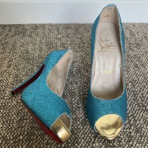 Christian Louboutin glitter aqua peep toe platform heels size 36